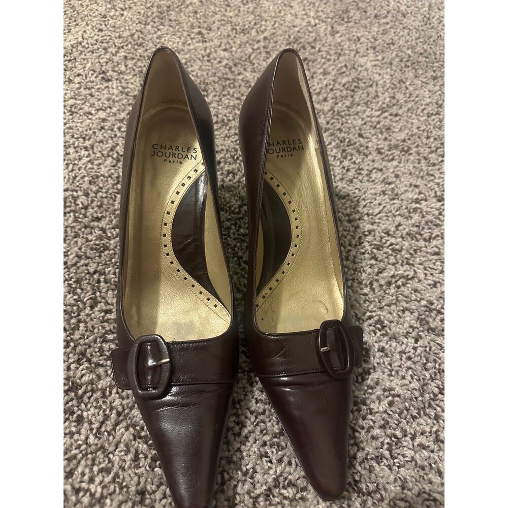 Charles Jourdan Paris Brown Leather Buckle Pointed Toe Pumps
